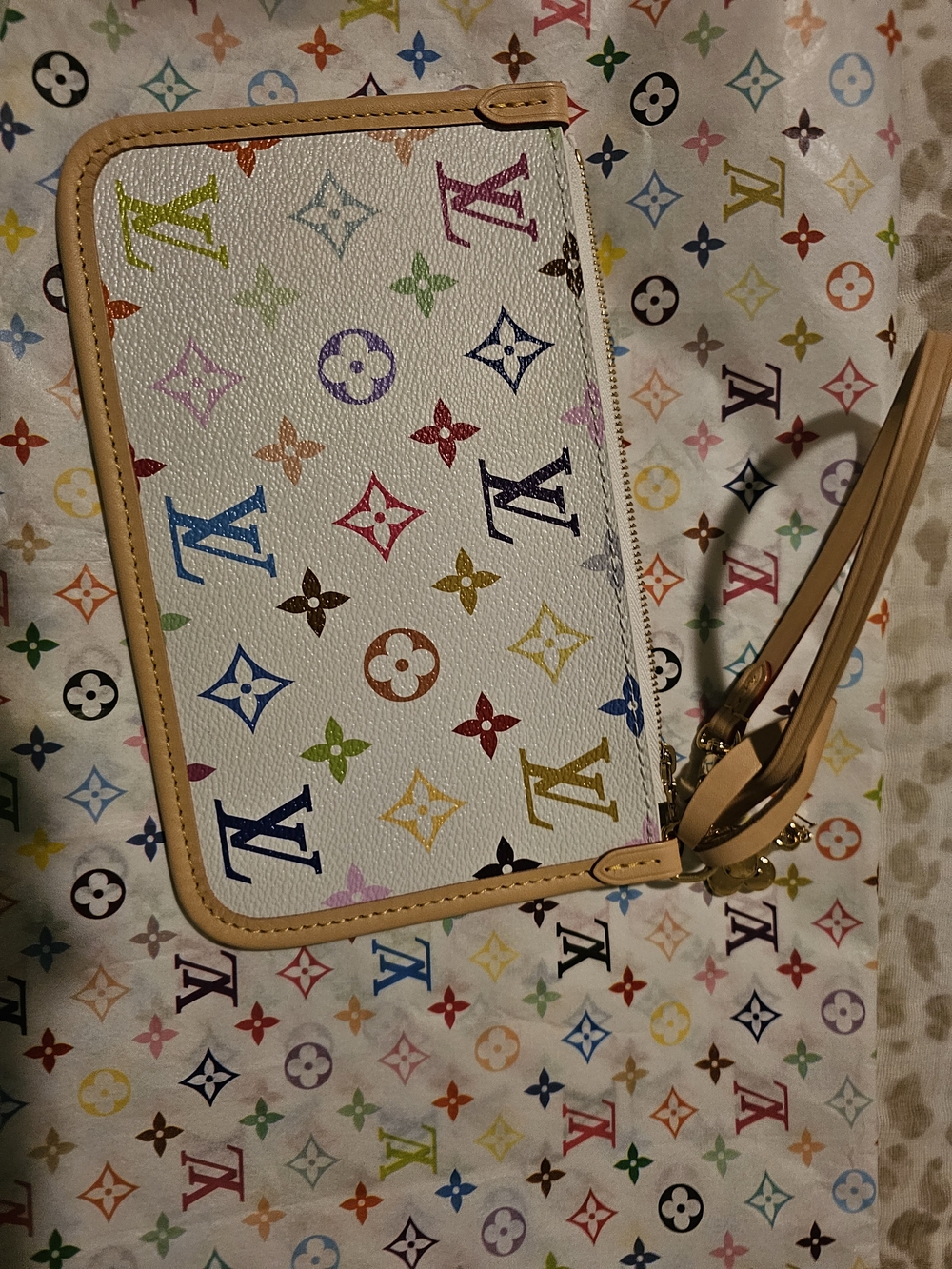 Louis Vuitton Multicolor White Zip Wristlet Murakami includes LV Mini Charm✨️